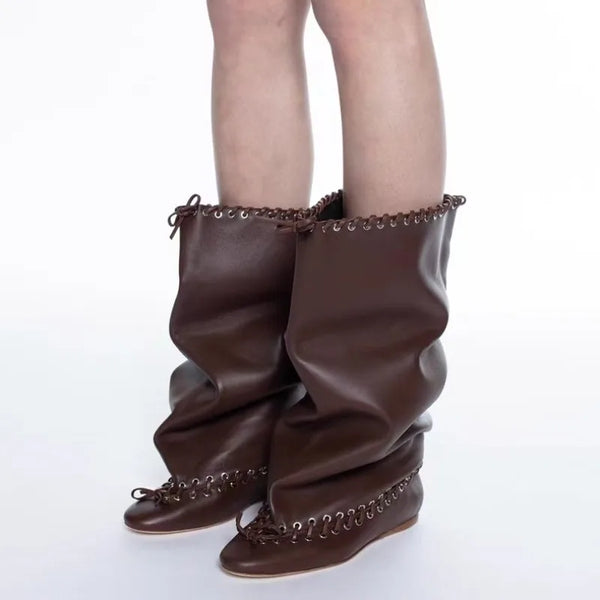 2025 Early Autumn New European and American Fashion Show Niche Fashion Slimming Wide Tube Height Increasing Pleated Pile Boots Wofashion.xyz