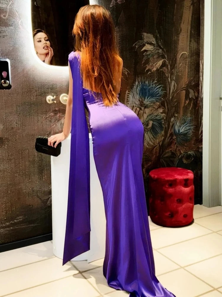Sexy Halter Neck 3D Flower Design Backless Long Dress Women Purple Sleeveless Ribbon Draped Maxi Dresses Elegant Evening Party