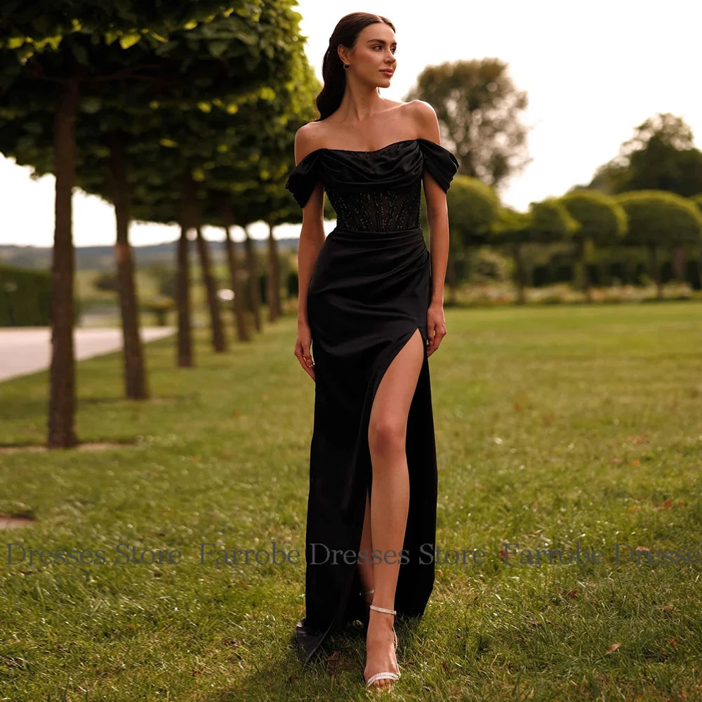 Elegant Party Dresses Woman Satin Mermaid/Trumpet Formal Evening Dress Black Off-the-shoulder Side Split Bead Sequined Prom Gown
