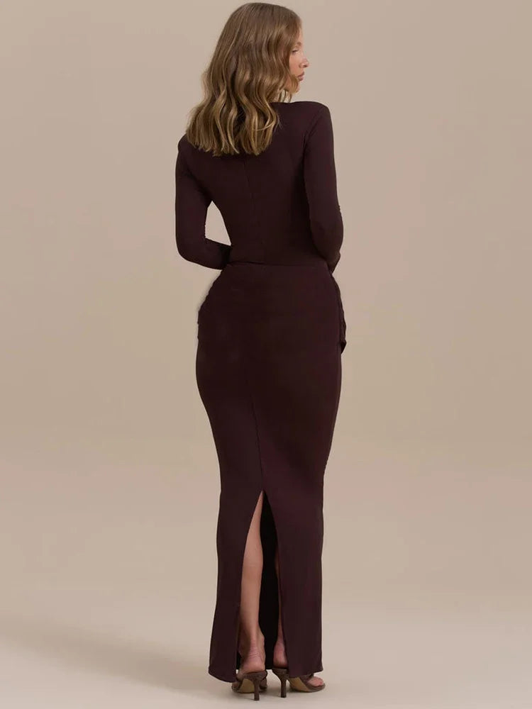 Long Sleeve Ruched Sexy Maxi Dress For Women Gown Autumn Winter New O Neck High Waist Bodycon Club Party Long Dresses