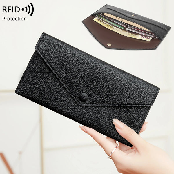 RFID Anti-Theft Purse for Women, Lychee Print, Soft Leather, Envelope Long Wallet, Ultra-thin, Portable, Simple Hand Bag Wofashion.xyz