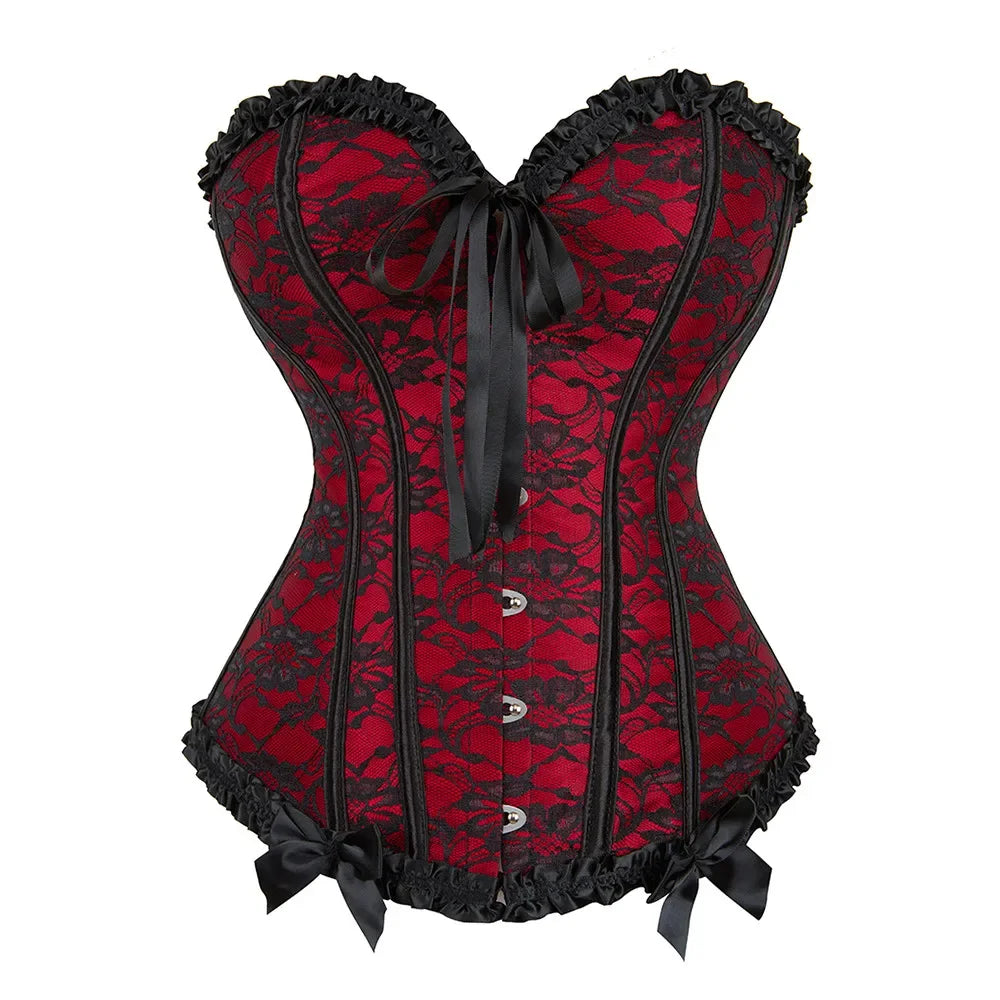 Women Corset Plus Size Lace-up Bustiers Top Sexy Overbust Vintage Flower Print Lingerie Corselet Lace Korsett Black Red Blue Wofashion.xyz