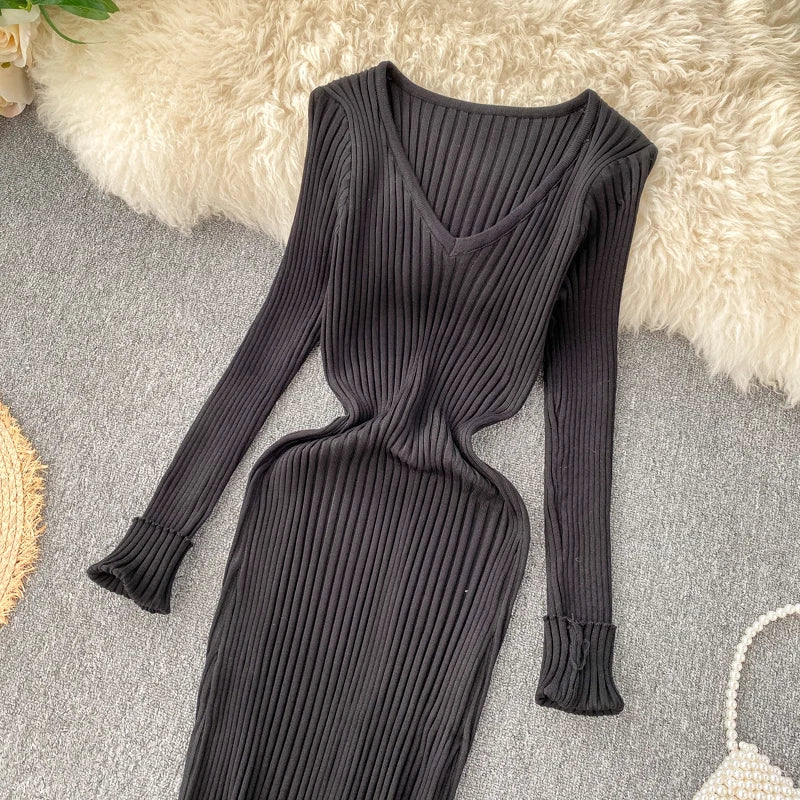 Women's Knitted Midi Dr Pure Color Long Sve Slim Fit High Waist V-Ne Korean Sle Faionable Autumn Winter Dr