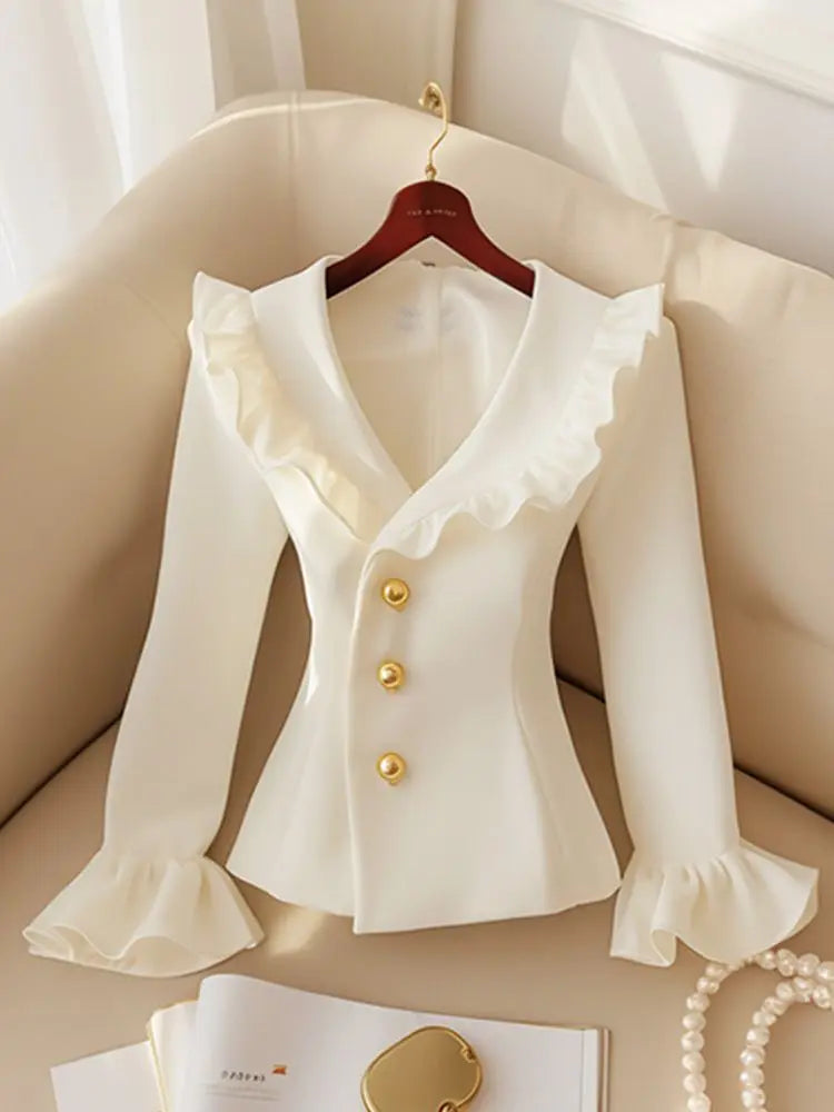 Spring And Autumn 2025 New Jacket Ladies' Blouses Are Unique And Super Beautiful White Receive Waist Overcoat