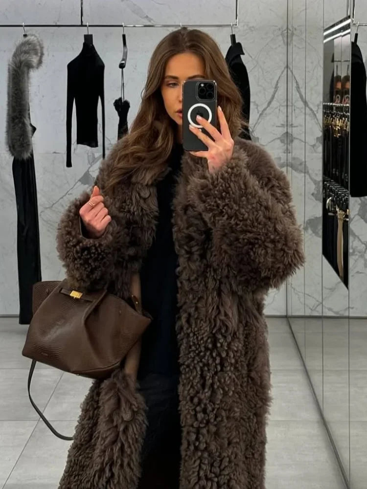 Luxury Long Faux Fur Coat Women Fashion Lapel Long Sleeve Thick Warm Loose Jacket 2025 Winter Lady Chic High Street Outerwear