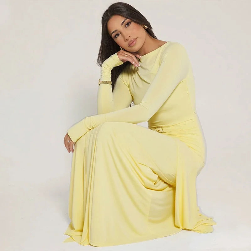 Mozision Elegant Long Sleeve Ruched Sexy Maxi Dress Women Gown Autumn Fashion Draped Bodycon Long Dresses Female Clothing