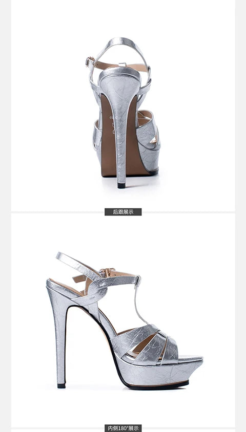 Women's Summer European and American Fashion Stiletto Waterproof Platform Leather Open Toe Round Head Buckle Sandals