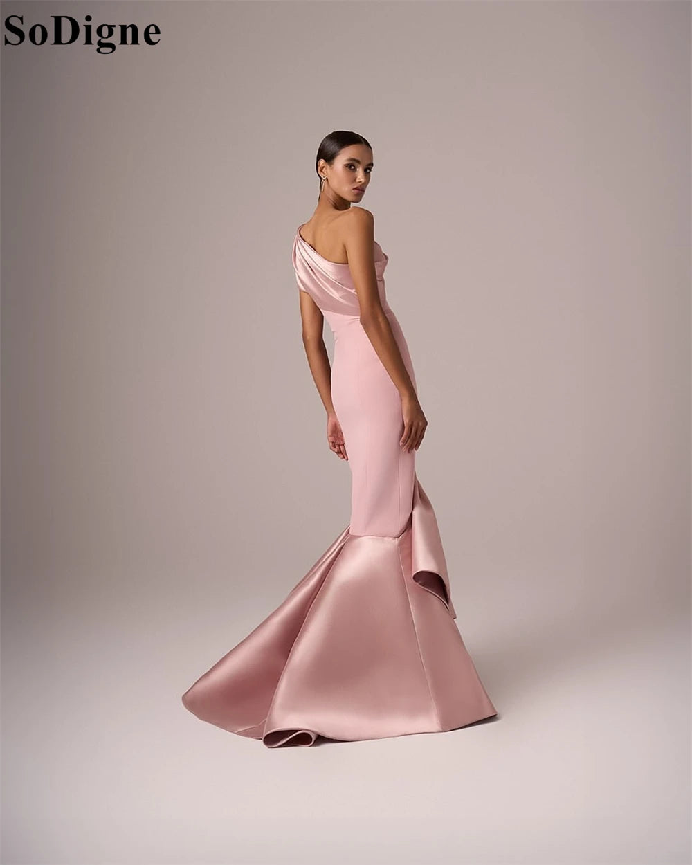 SoDigne Elegant Pink Satin Evening Dresses Mermaid One Shoulder Backless Draped Party Dress 2025 Charming Prom Gowns Customized
