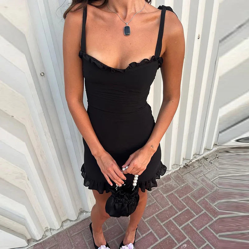 Mozision Elegant Women's Summer New Sexy Backless Solid Slash Neck Dress Slim Fit Waist Camisole Mini Dress Club Party Dress