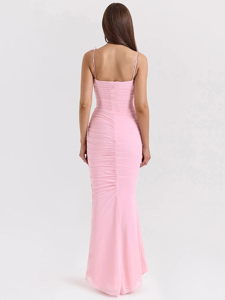 Mozision Bow Spaghetti Strap Sexy Maxi Dress For Women Gown Elegant Off-shoulder Sleeveless Backless Evening Club Party Dress