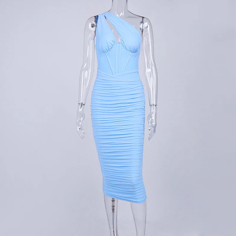 Mozision High Quality Mesh One Shoulder Backless Midi Dress For Women Fashion Hollow Out Sleeveless Ruched Long Dress Vestido