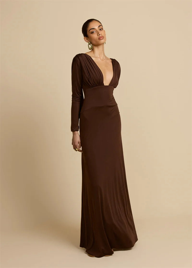 Mozision Elegant Deep V Neck  Backless Sexy Maxi Dress For Women Brown Long Sleeve High Waist Ruched Club Party Long Dresses