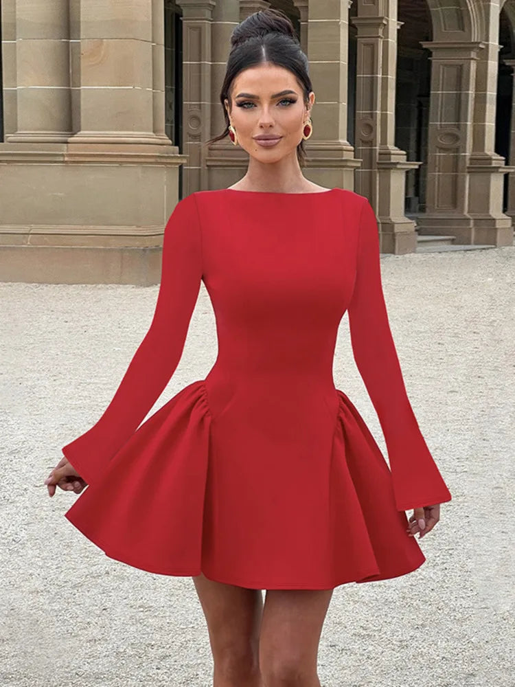 Mozision Elegant Long Sleeve Sexy Mini Dress For Women Solid O Neck High Waist A-line Bodycon Club Party Dress Clubwear New Wofashion.xyz