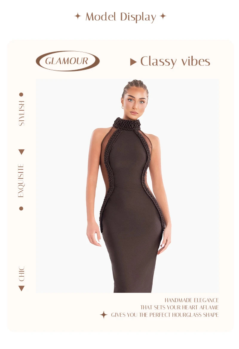 Luxury Sheer Corset Brown Long Dresses for Women – Long Sleeve High Neck See Through Bodycon Maxi Dress with Mesh Waist Detail