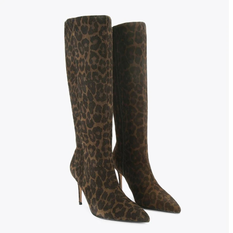 European and American Women's High-heeled Snake Patterned Pointed Side Zipper High Boots, Oversized Slimming Knee High Boots