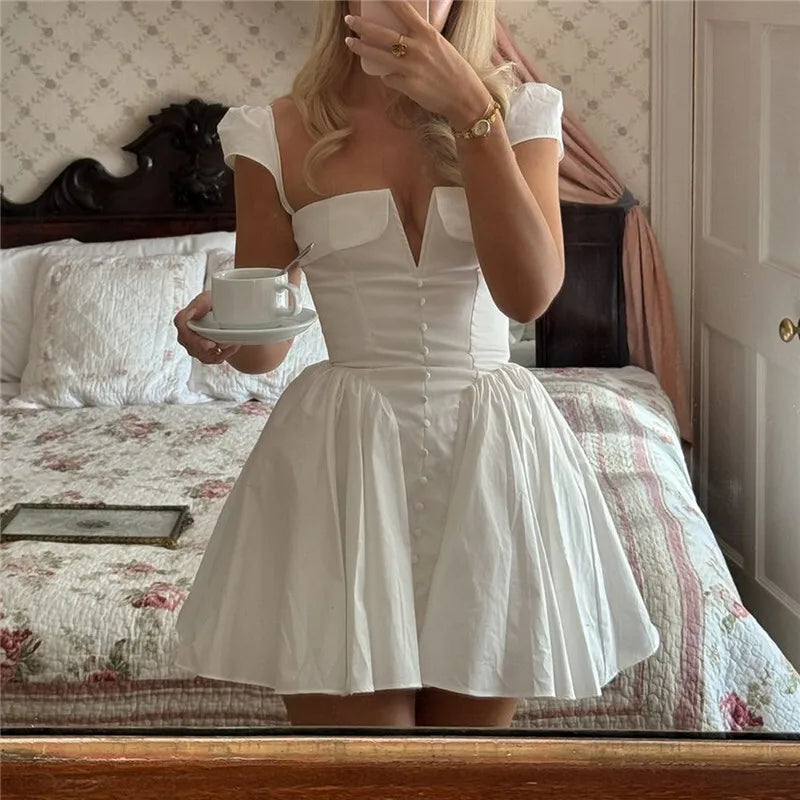 Mozision White Backless Sexy Mini Dress For Women Fashion Square Collar Short Sleeve High Waist A-line Club Party Sexy Dress