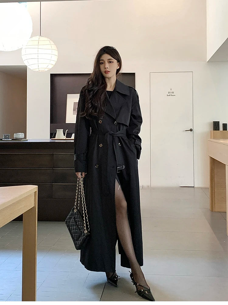 Lautaro Spring Autumn Long Black Hard Waterproof Trench Coat for Women Belt Double Breasted High Quality Luxury Overcoat 2024