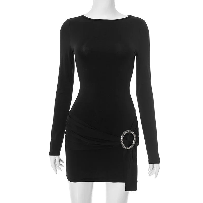 Mozision Metal Ring Long Sleeve Ruched Sexy Mini Dress Women Fashion Autumn New O Neck Draped Bodycon Club Dresses Female