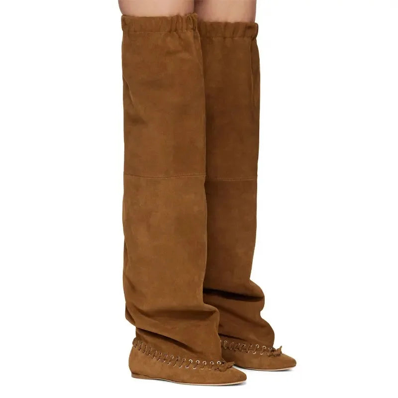 2025 Early Autumn New European and American Fashion Show Niche Fashion Slimming Wide Tube Height Increasing Pleated Pile Boots