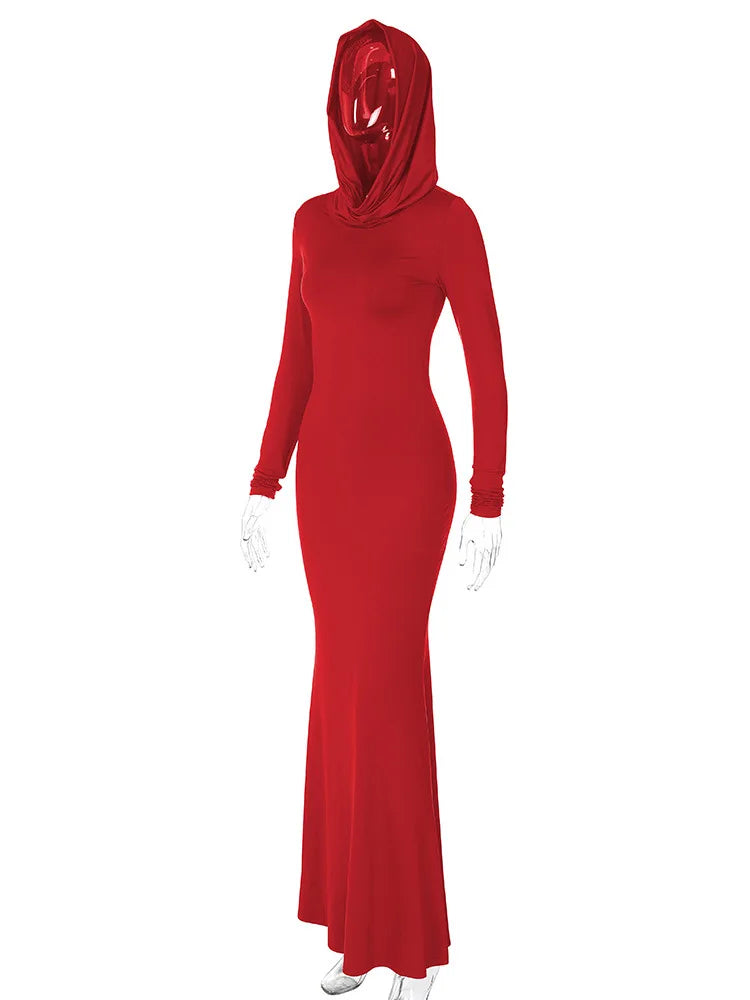 DSMTRC High Street Red Christma Hooded Long Sleeve Maxi Dress for Woman Slim Solid Bodycon Party Vestidos Elegant Autumn Dresses