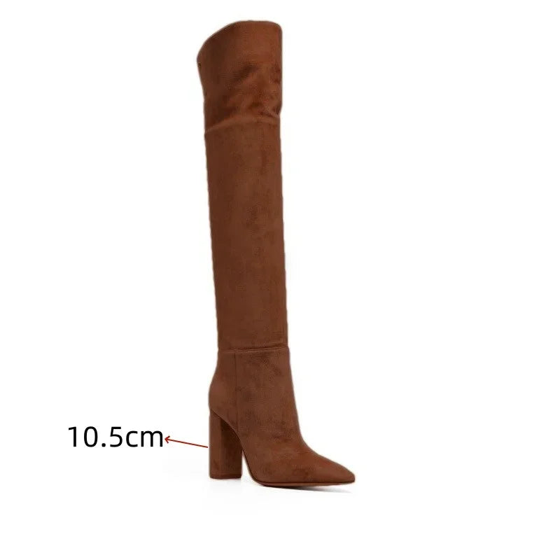 Ladies' Autumn and Winter Suede Thick High-heeled Oversized Knee High Boots, European and American Sexy Versatile Sleeve Boots