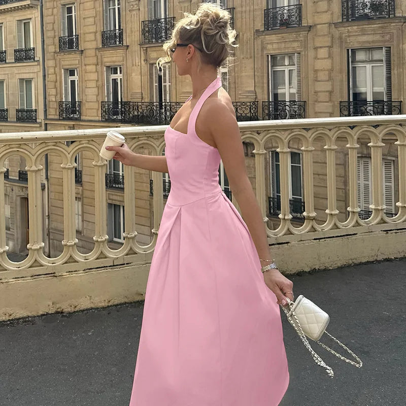 Mozision Halter Backless Sexy Midi Dress Women Fashion Solid Sleeveless High Waist A-line Club Party Pleated Long Dresses Female