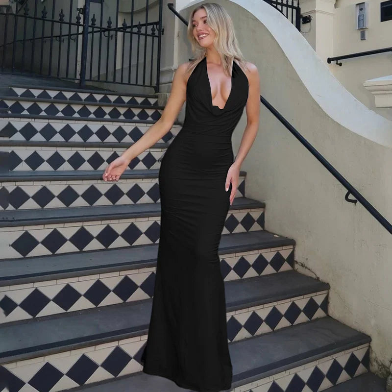 Mozision Deep V-neck Lace-up Sexy Maxi Dress For Women Elegant Off-shoulder Sleeveless Halter Fashion Backless Club Party Dress