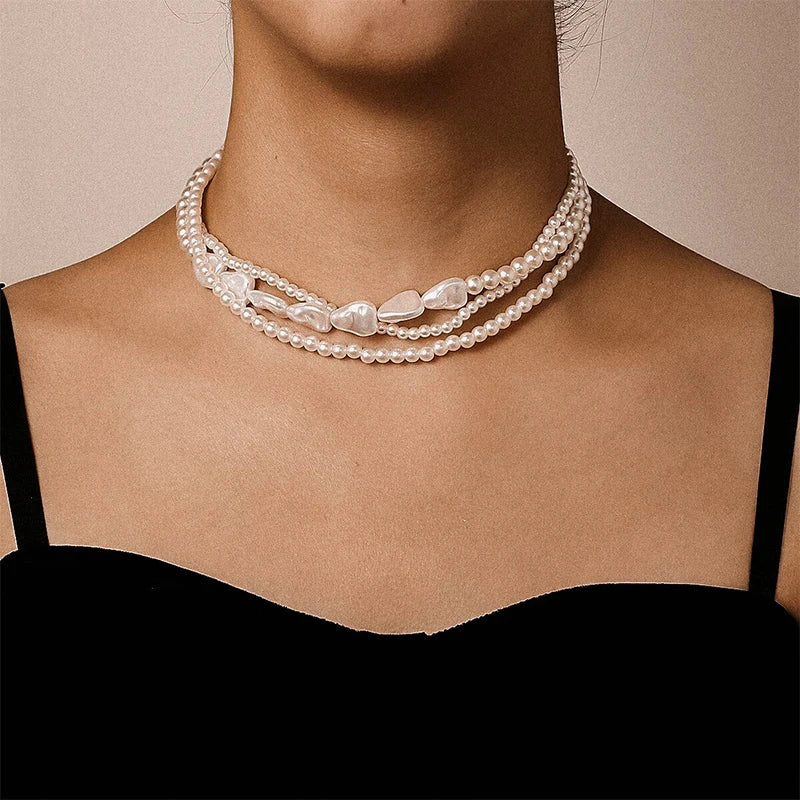 Multi-Layer Pearl Necklace For Woman Elegant Chokers Retro Neck Chain Imitation Pearls Heart Necklace Wedding Party Lady Jewelry