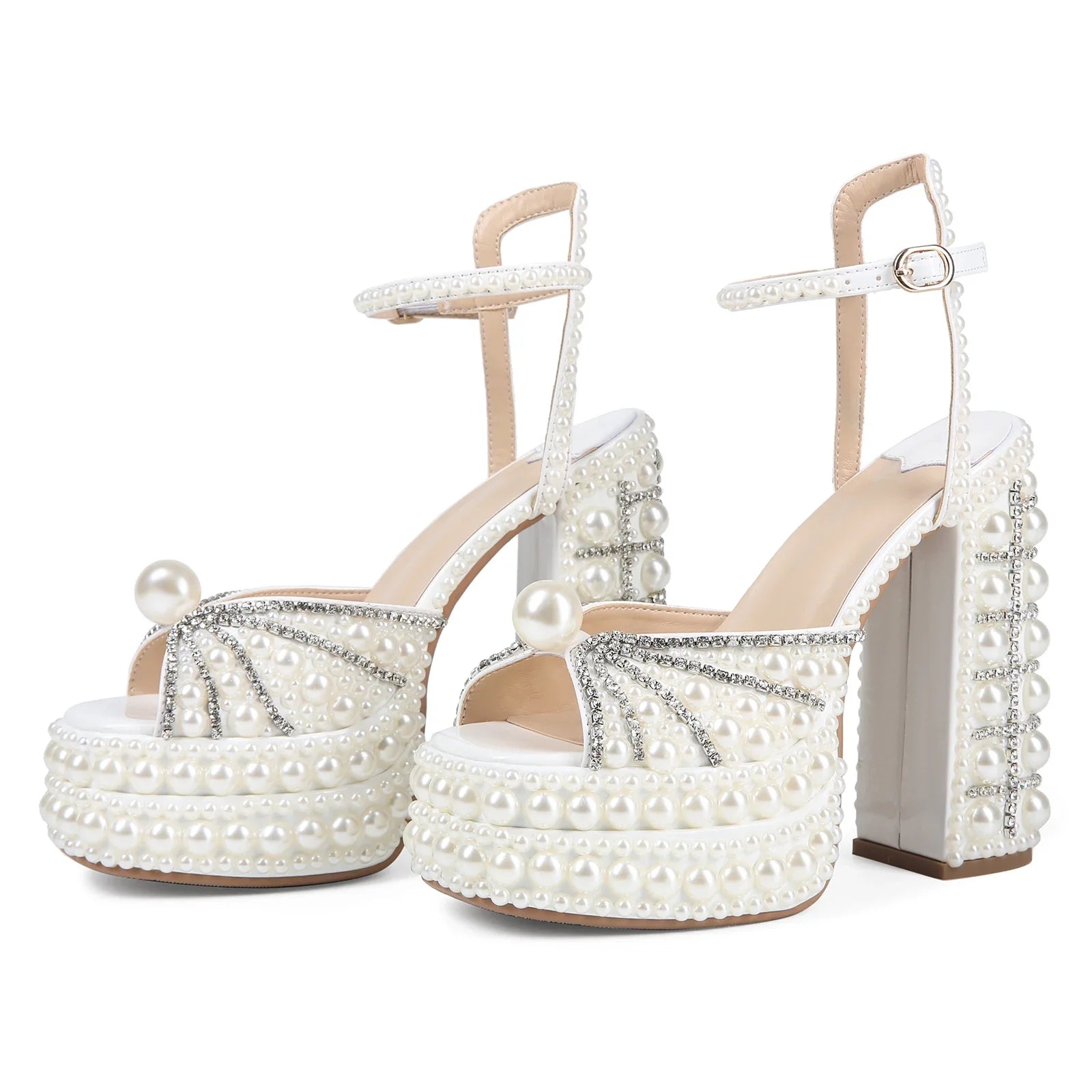 Highqualityhandmaderhinestonerough High-heeledthicksoled Fishmouth Sandalsfrom Europe AndAmerica, Women's Sexy Rivet Party Shoes