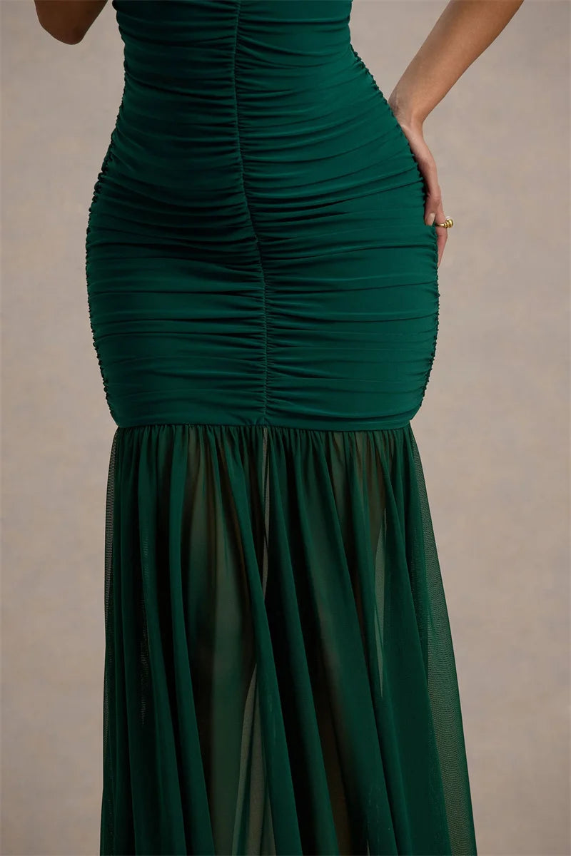 Mozision Spaghetti Strap Backless Sexy Maxi Dress Women Gown Fashion Patchwork Off-shoulder V Neck Ruched Pleated Party Dress