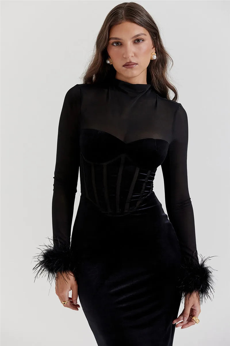 Mozision Elegant Feather Sexy Midi Dress For Women Black Fashion Sheer Long Sleeve Backless Bodycon Club Party Long Dress