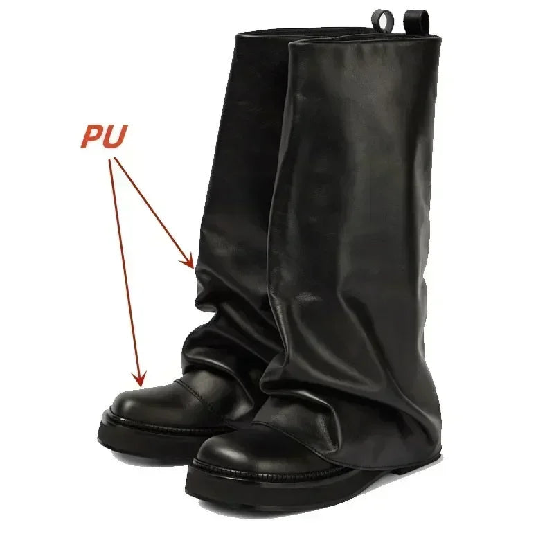 New Large Walled Flat Bottomed Round Toe Sleeve Knee High Pleated Women's Boots Retro Knight Boots Shoes for Women