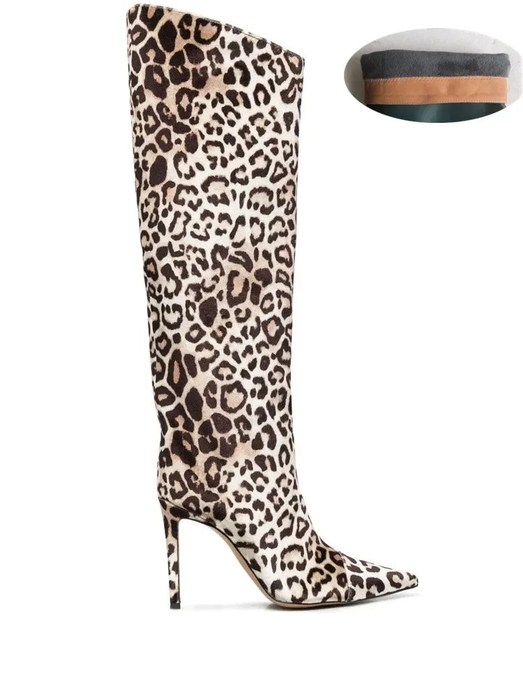 2022 Women's New Stone Print Boots Sexy Runway Stiletto Pointed Toe Women's High Boots 10cm High Heel Side Zip Women's Boots