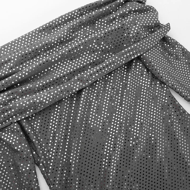 Mozision Elegant Strapless Sparkle Maxi Dress For Women Fashion Off-shoulder Backless Long Flare Sleeve Bodycon Club Party Dress