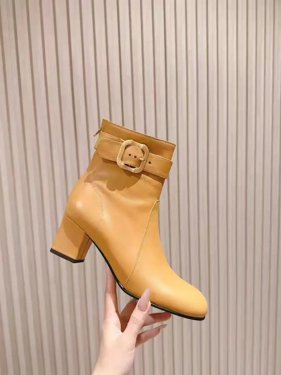 European and American Sexy Hot Girl Belt Buckle Thick High Heels Round Toe Back Zipper Knee Highboots Women's Retro Elasticshoes