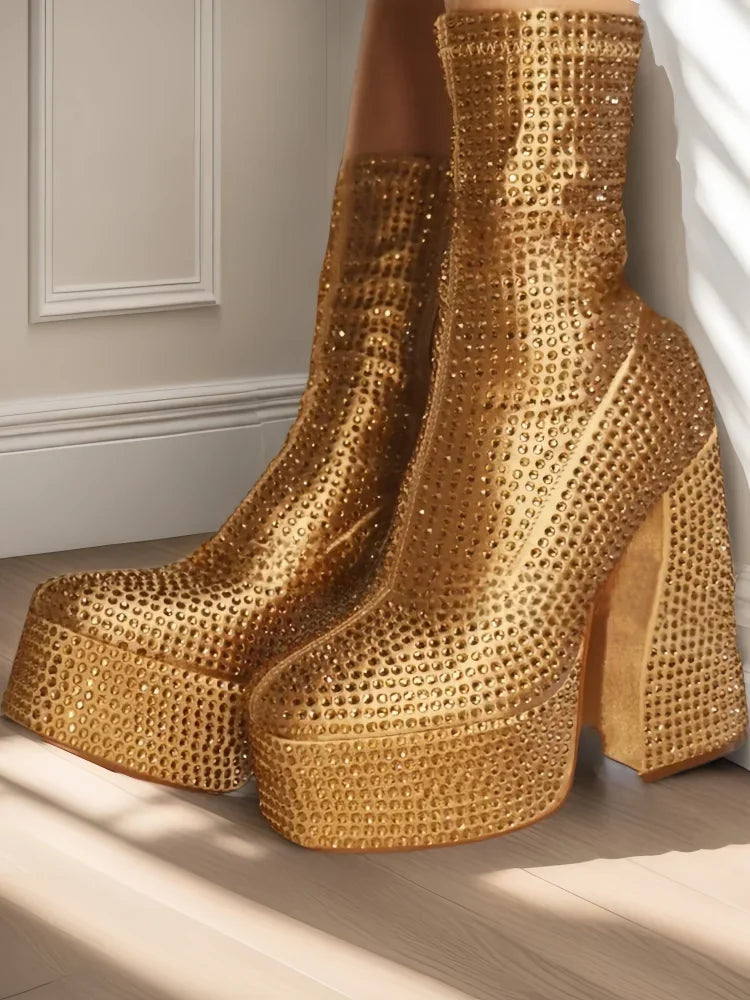 Women's European and American Fashion Super High Heel Short Boots Silver All Water Diamond Decoration Chelsea Short Boots