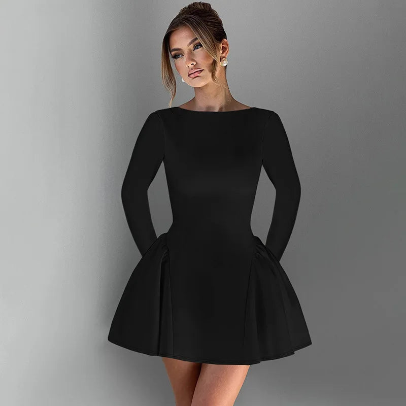 Mozision Elegant Long Sleeve Sexy Mini Dress For Women Solid O Neck High Waist A-line Bodycon Club Party Dress Clubwear New
