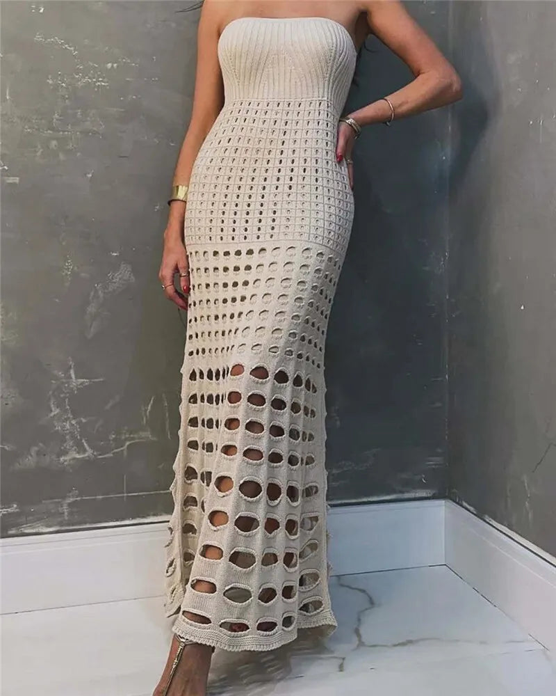 Mozision Strapless Off-shoulder Hollow Out Knit Maxi Dress For Women Gown Fashion Sleeveless Backless Beach Skinny Long Dress