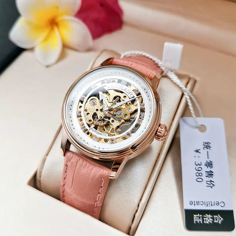 High-End, Luxurious, Elegant, Hollow-Out, Diamond-Encrusted, Fully Automatic Mechanical Watch for Women, with a Small, Fashionable, Simple Design, Luminous, Waterproof, Trendy for Female Students, the Best Gift for Her Wofashion.xyz