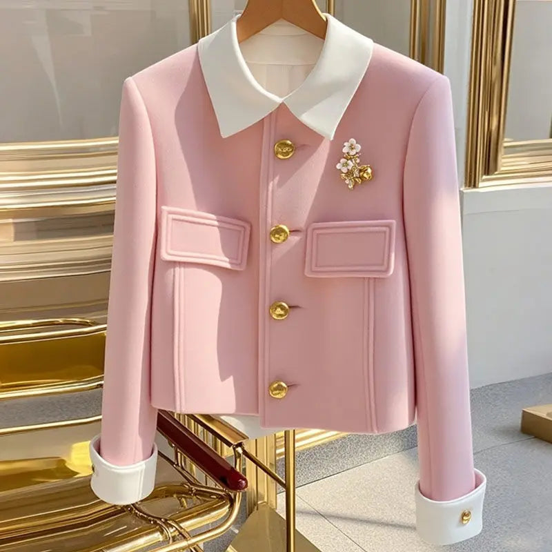 New Autumn And Winter 2025 Pink Padded Single-Breasted Women's Woolen Coat Unique Korean Version Temperament Ladies Jacket