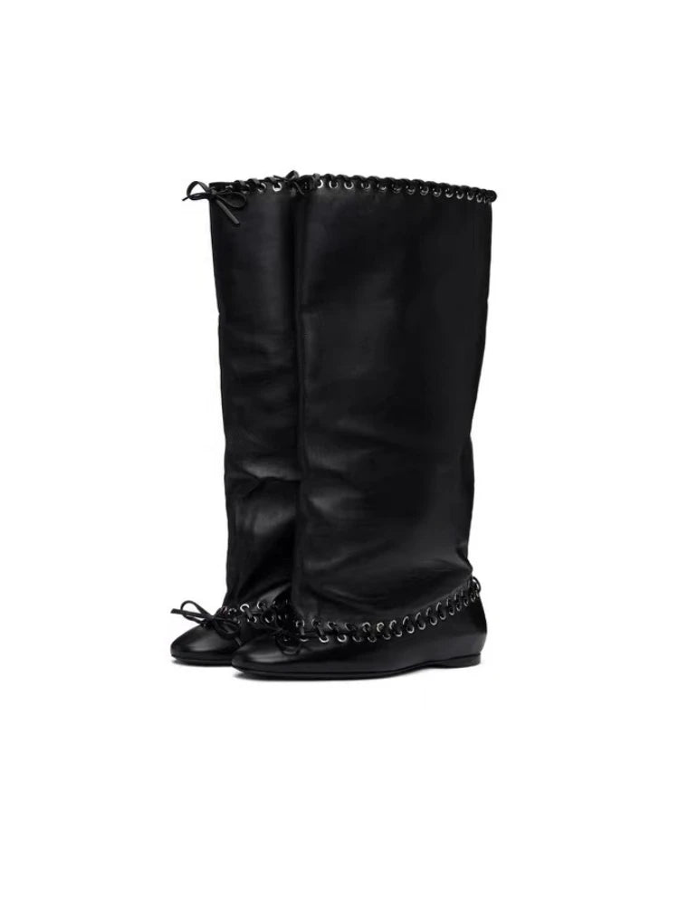 2025 Early Autumn New European and American Fashion Show Niche Fashion Slimming Wide Tube Height Increasing Pleated Pile Boots