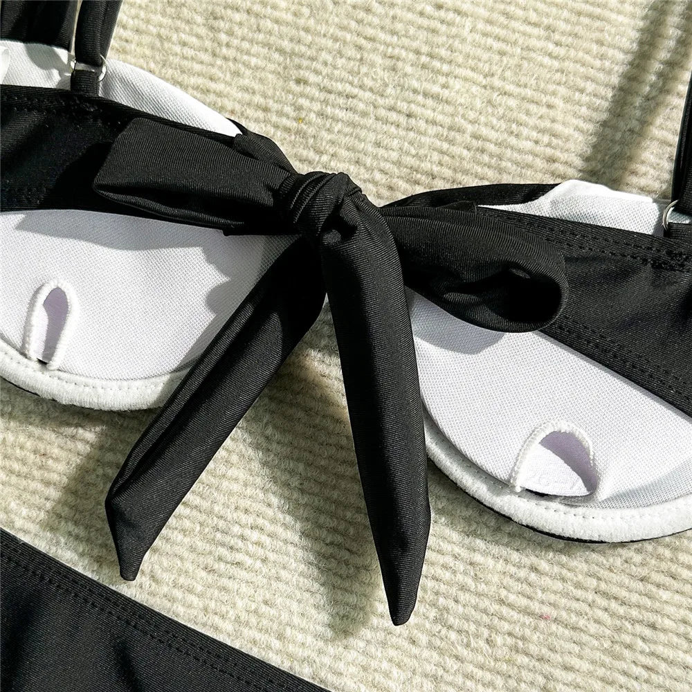 Black White Patchwork Swimwear Push Up Bikinis Sets 3 Piece Mini Skirts Cover Up Sexy Swimsuit Women 2025 Beachwear Bikini Mujer