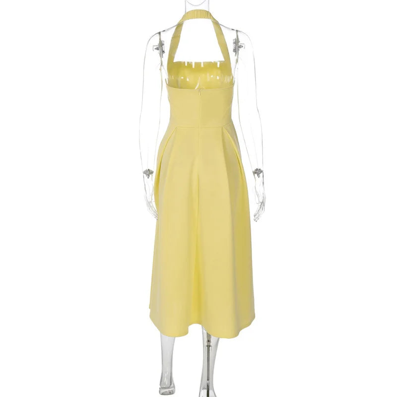 Mozision Halter Backless Sexy Midi Dress Women Fashion Solid Sleeveless High Waist A-line Club Party Pleated Long Dresses Female