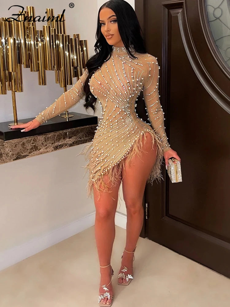 Znaiml Luxury 2023 Evening Celebrity Feathers Sheer Mesh Short Dresses for Women Sexy Pearls Rhinestones Party Birthday Vestidos Wofashion.xyz