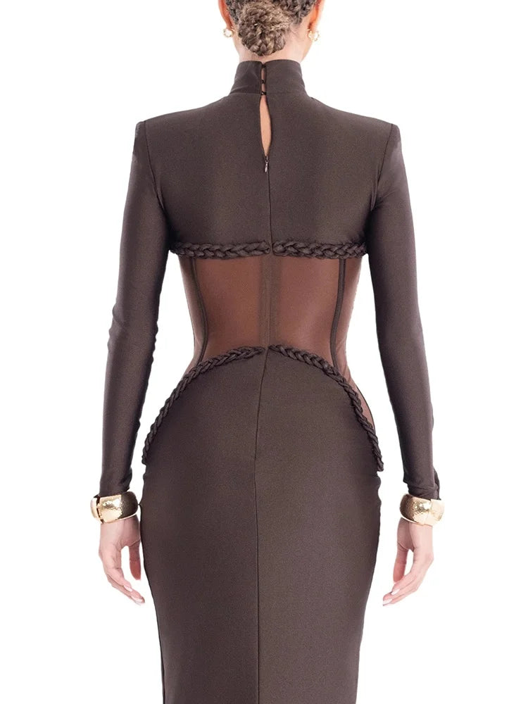 Luxury Sheer Corset Brown Long Dresses for Women – Long Sleeve High Neck See Through Bodycon Maxi Dress with Mesh Waist Detail
