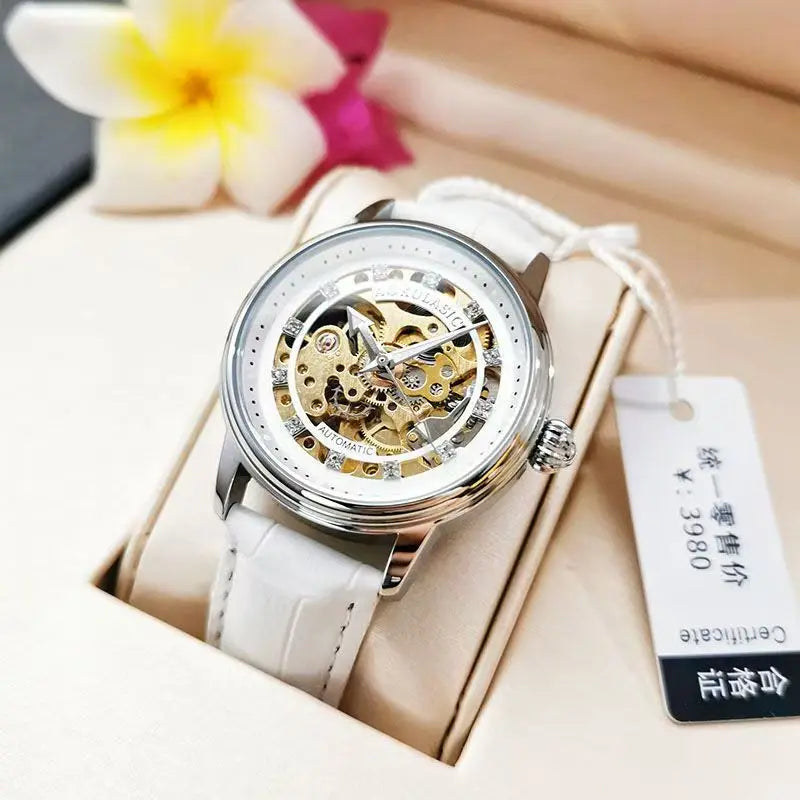 High-End, Luxurious, Elegant, Hollow-Out, Diamond-Encrusted, Fully Automatic Mechanical Watch for Women, with a Small, Fashionable, Simple Design, Luminous, Waterproof, Trendy for Female Students, the Best Gift for Her