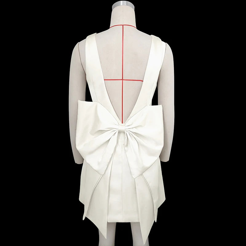 Mozision Backless Bow Sexy Mini Dress Women Robe Fashion Solid O Neck Sleeveless High Waist Club Party Elegant Dress Clubwear