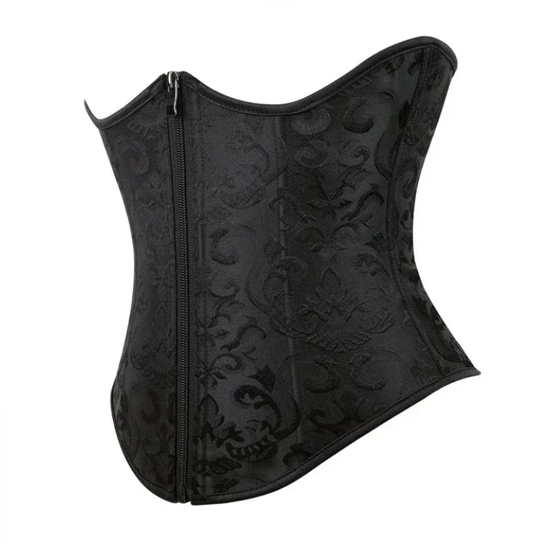 Corset Underbust Women Top Body Shaper Waist Cincher Sexy Zipper Gothic Floral Plus Size Corpete Corselet Vintage Fashion Black