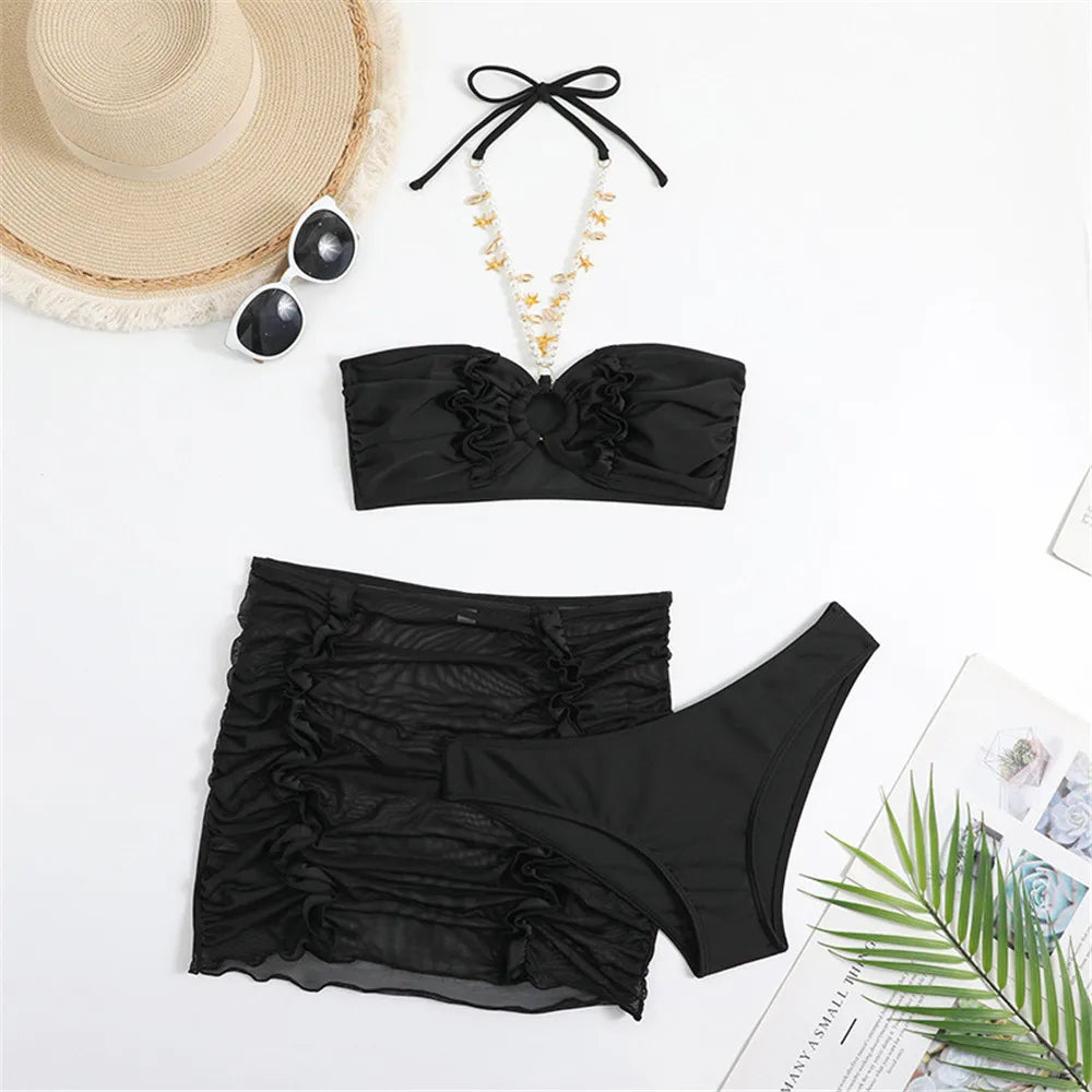 Black Pleats Edge Bandeau 3 Piece Bikini Set Damen Pearl Chain Halter Swimwear Skirts Cover Up Sexy Swimsuit Women Beach Wear Wofashion.xyz