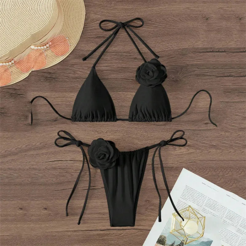 Sexy 3D Flower Black Triangle Bikinis Sets Micro Thong Swimsuit Women String Halter Bathing Suit Bikini 2025 Mujer Biquinis Swim